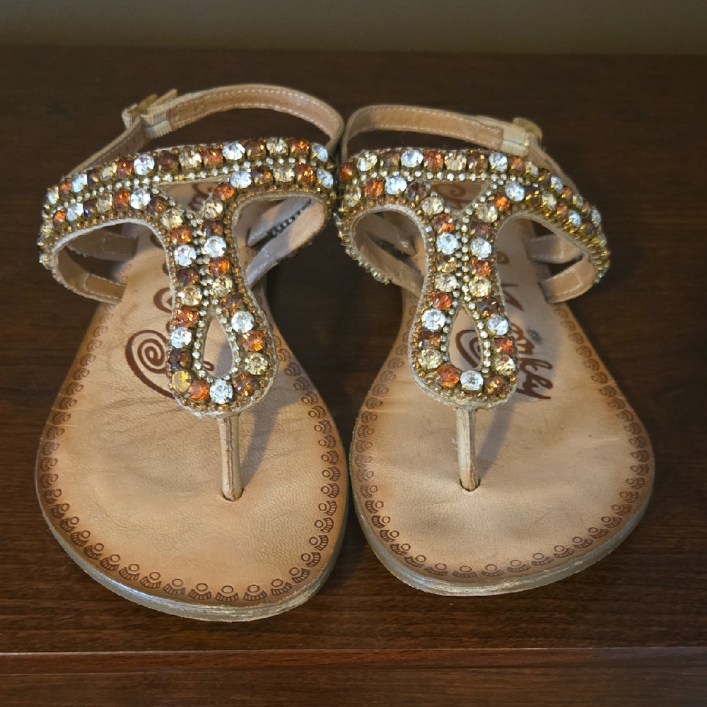 Naughty Monkey Embellished Tan T-Strap Women's Sandals with Crystal Accents